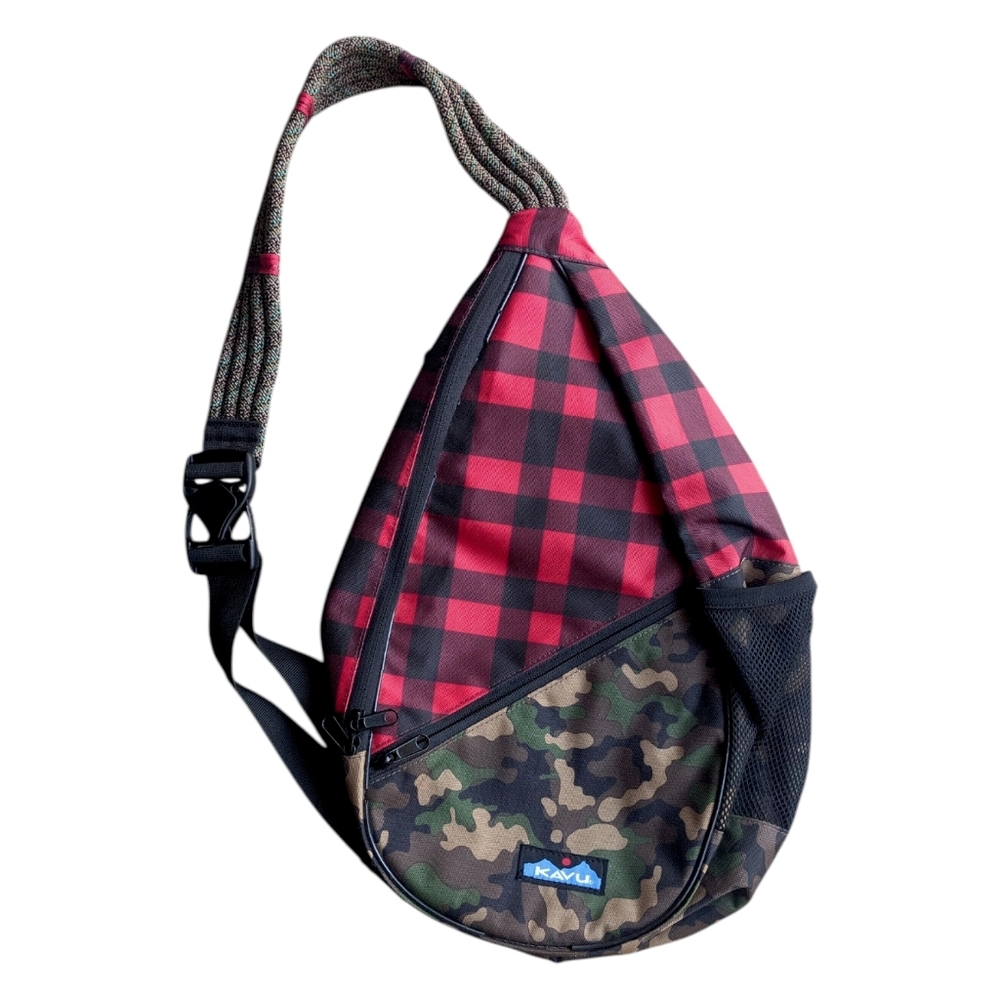 Kavu Red Black Plaid & Camo Sling Bag NWOT WITH DEFECT